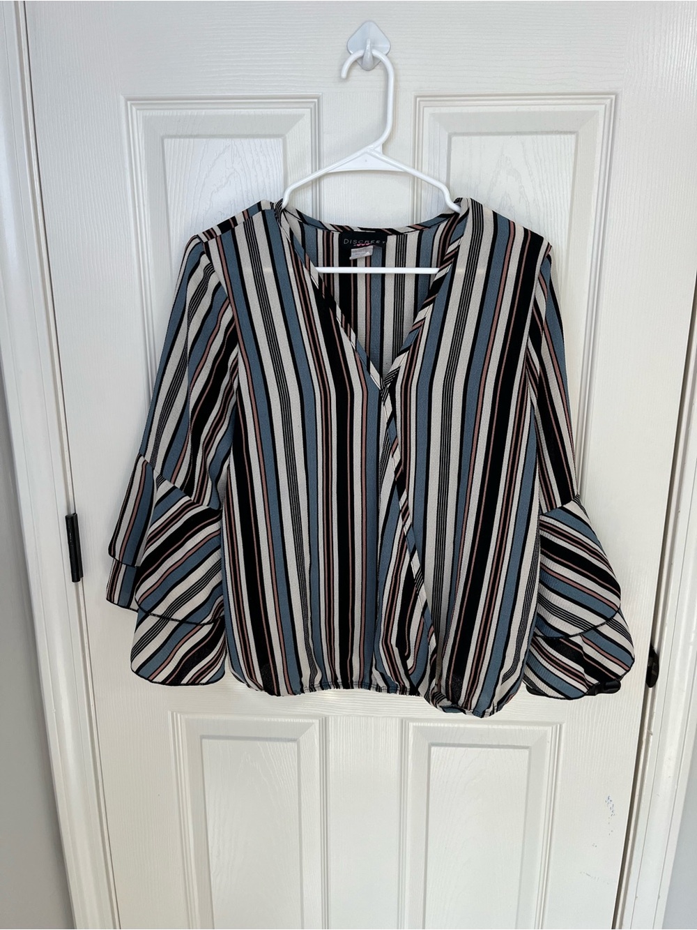 Discreet Striped V-Neck Ruffle Sleeve Blouse in Blue, Black, White and Brown